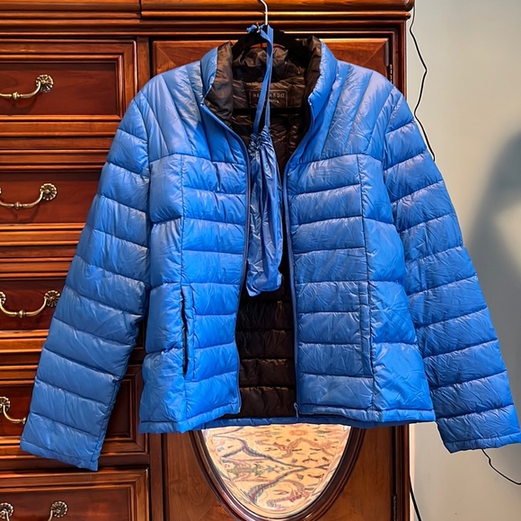 Bernardo packable royal blue feather down puffer sz L with packing bag - Picture 2 of 6